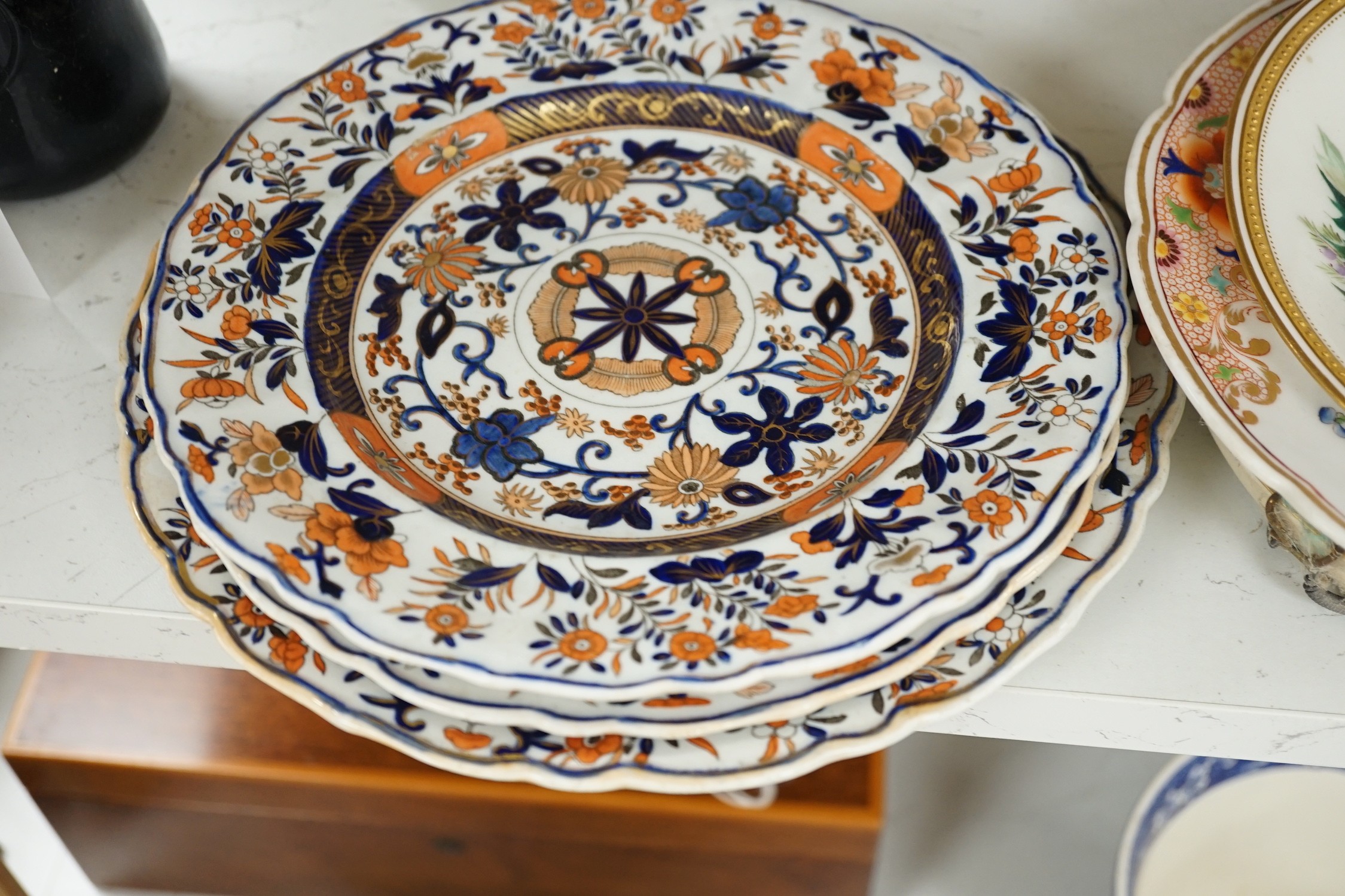 A quantity of Royal Crown Derby Imari teawares, Masons ironstone plates and further 19th century ceramics